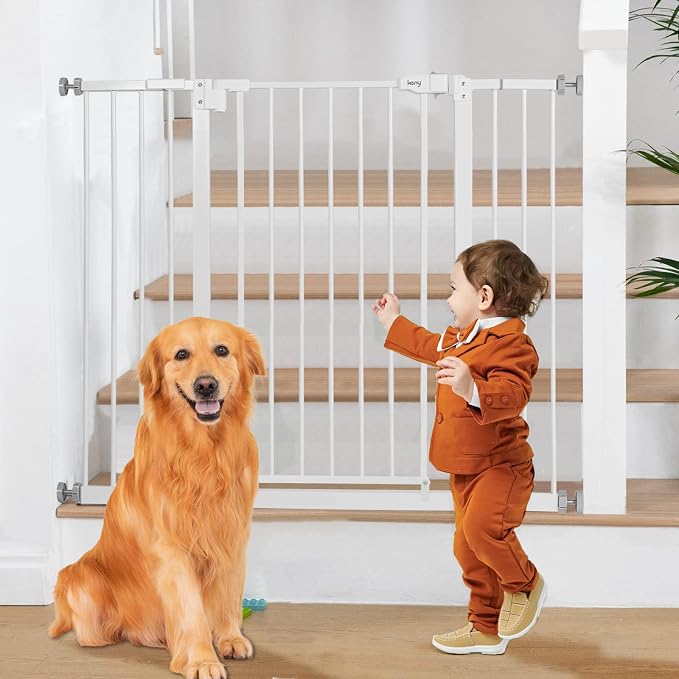 keny 36" Extra Tall Baby Gate for Stairs, 29-42.5" Wide Auto Close Dog Gate | Pressure Mounted Easy Walk Through Pet Gate for Doorways, Durable Safety Stair Gate, White