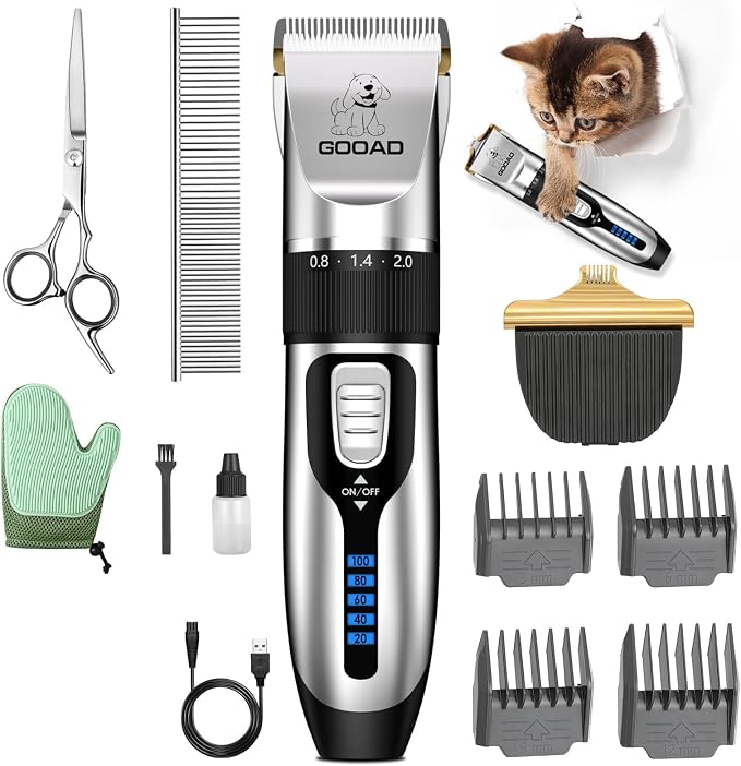 Professional Quiet Cat Clippers & Dog Grooming Kit | 250Min Cordless Pet Shaver,Low Noise Pet Hair Trimmer for Grooming,2in1 Wide & Narrow Blades,4 Combs,Scissors & Glove(Silver)