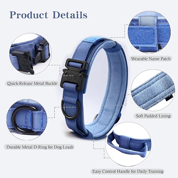 Tactical Dog Collar and Leash Set for Large Dogs with Handle,Dark Blue,S | 1000D Heavy-Duty Nylon Fabric,Quick-Release Metal Buckle,Adjustable Fit,Soft-Padded Webbing,D-Ring,for Training & Hiking