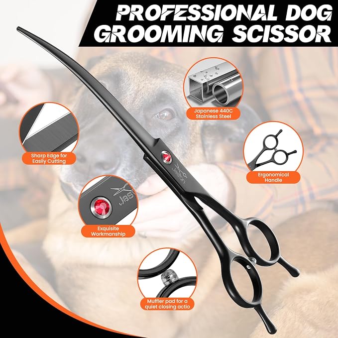 JASON Curved Dog Grooming Scissor - 7" Professional Down-curved Shears | Black, Ergonomic Handle, Japanese Stainless Steel, for Cats and Other Pets, Sharp, Gift