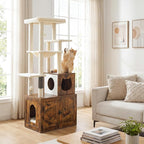HOOBRO Cat Tree with Litter Box Enclosure, Tall Cat Tower for Indoor Cats, All-in-One Modern Cat Condo, Hidden Litter Box Enclosure Furniture, Rustic Brown FG51MZ03
