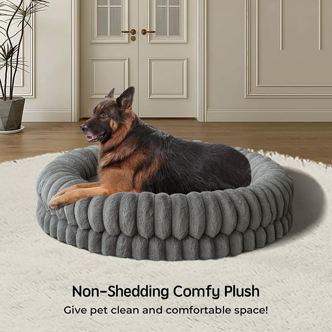 BALANCE Luxury Donut Dog Bed, 43 Inches Round Dog Beds Large Sized Dogs Washable, Orthopedic Calming Dogs Bed for Pets with Anti-Slip Bottom, Gray