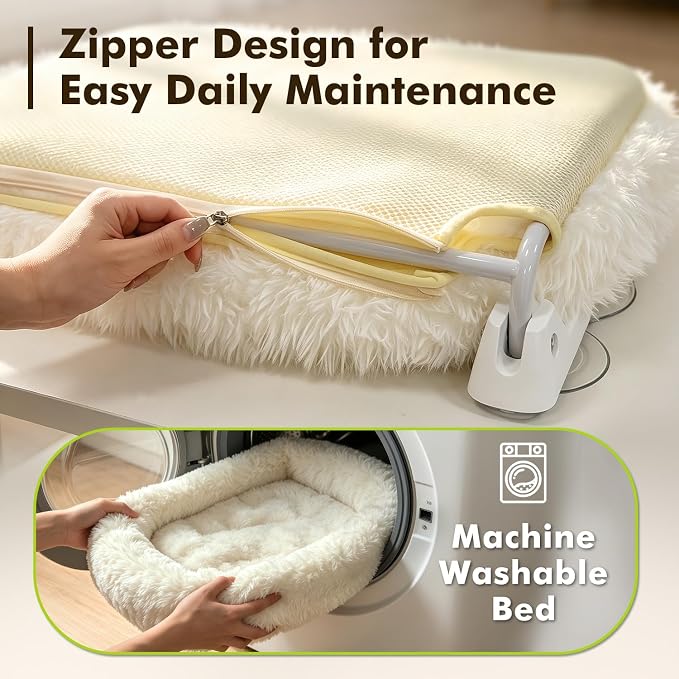 Zoratoo Extra-Thick Cushion Cat Window Perch, Foldable Cat Bed, White | Fluffy Long-pile Bolster, Machine Washable, Cordless Pet Hammock with Sturdy Metal Frame for Cats of All Breed