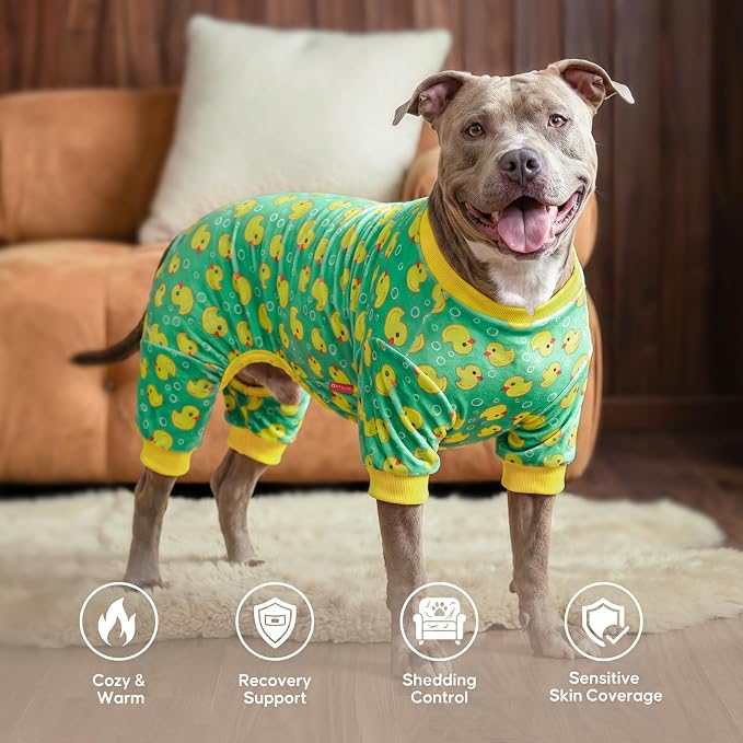 KYEESE Dog Pajamas Velvet Dog Pajamas Medium Sized Dogs Soft Dogs Clothes Pjs with Yellow Ducks Pattern Stretchy Pet Jammies Coat Comfy Pet Onesie Costume, 2X-Large