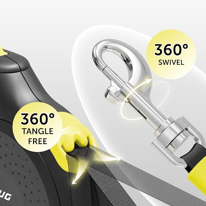 TUG 360° Tangle-Free Retractable Dog Leash | 16 ft Strong Nylon Tape (Small, Black/Yellow)