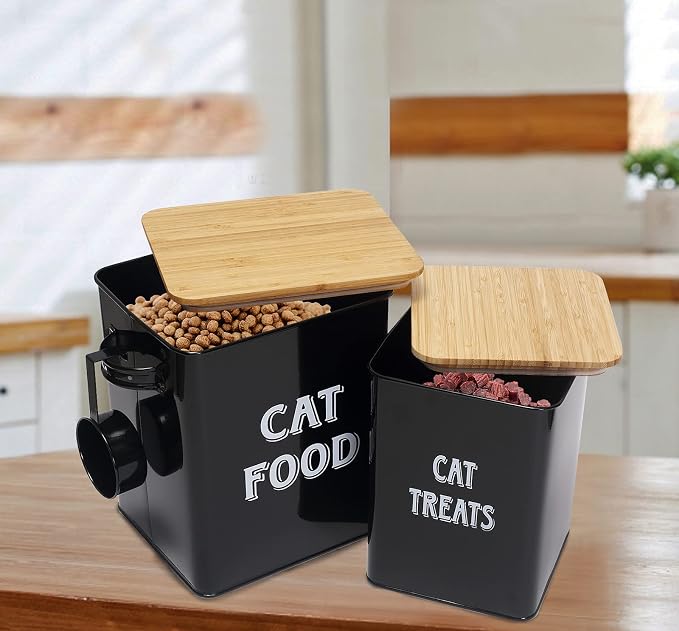 Morezi Cat Food Storage Container Farmhouse Pet Food Treats Bin with Lid and Scoop, Perfect Sturdy Canister Tins for Kitchen Countertop, Shelf, Great Gift for Pet Owners, 5 lbs, Black