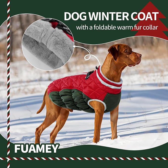 FUAMEY Dog Winter Coat Fleece Warm Large Dog Coat with Harness Built in | Dogs Cold Weather Fleece Coats Zip up Reflective Dog Winter Vest Windproof Water Resistant Snow Coats Christmas XXXL