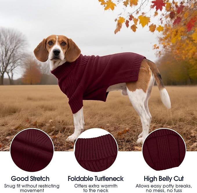 IECOii Dog Sweaters for Medium Dogs Girl Boy,Christmas Knit Doggy Sweatshirt with Sleeve,Turtleneck Thick Warm Dog Sweaters for Winter,Pullover Knitwear for French Bulldog,Boston Terrier (Burgundy,L)