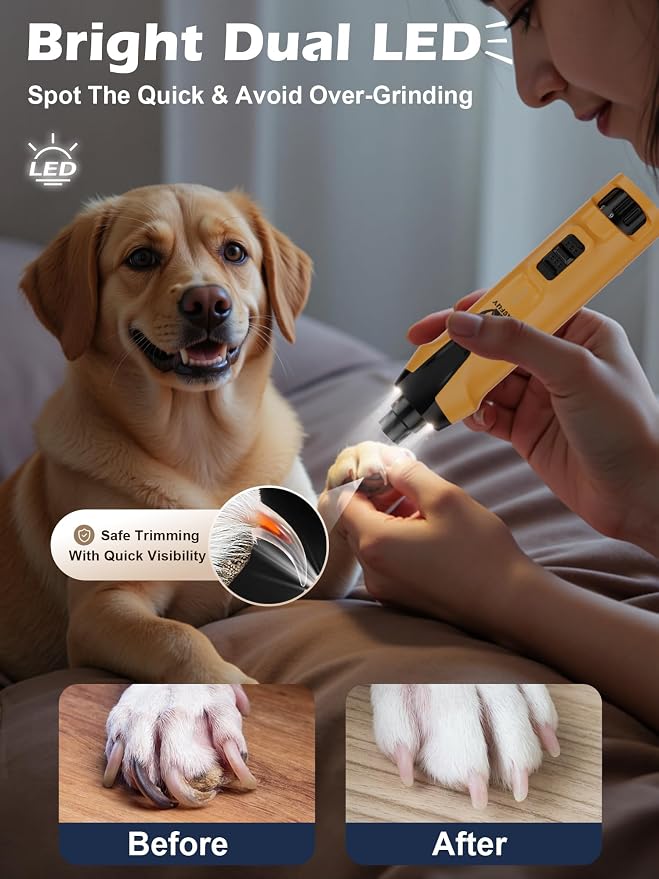Casfuy 6-Speed Dog Nail Grinder – 50%+ Boost Power Dog Nail Trimmers Quiet with Dust Cap & 2 LED Lights & 2000mAh Battery & 4.8V Motor Electric Pet Toenail File Tool for Large Medium Small Dogs Cats