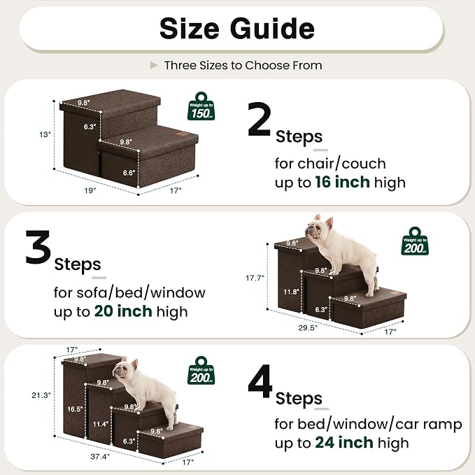 Love's cabin Dog Stairs for High Bed, Foldable Pet Stairs for Small Medium or Large Dogs Puppy with Storage for Bed or Couch, Cat Dog Steps Ramp with Zip up to 200 lbs, Coffee, 3 Steps