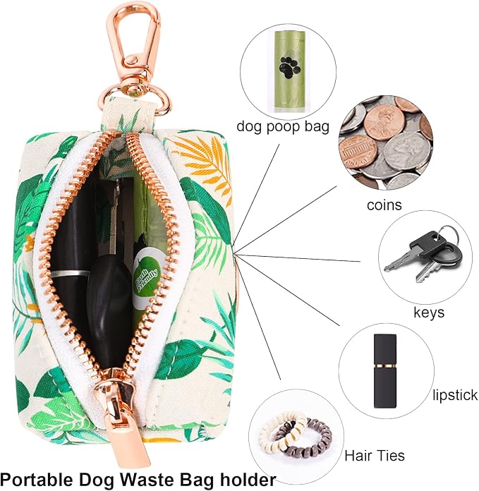 ARING PET Dog Waste Bag Dispenser, Cotton Doggy Poop Bags Holders Attach to Any Leashes, Portable Washable Leaf Pattern Pet Waste Pouch Dispenser with Metal Zipper