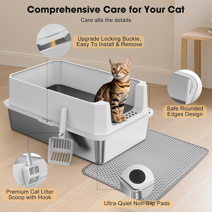 FURTIME Stainless Steel Cat Litter Box, Large Cats Metal Litter Box | High-Sided Open-Top Easy-Clean Litter Pan, Non-Stick, Anti-Leakage, Odor-Free, Comes with Scoop & Mat, 23"×15"×10.5"