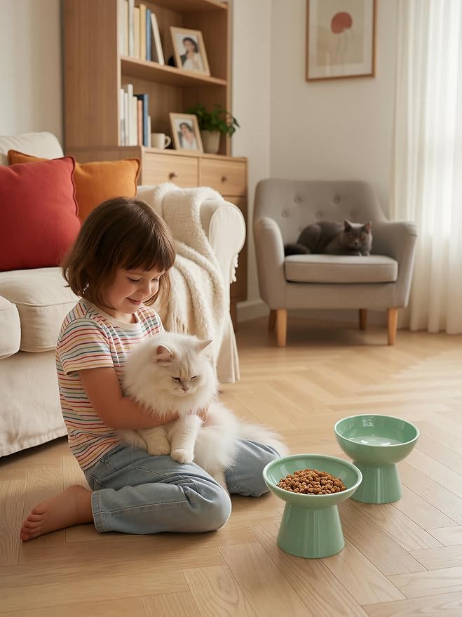 LoeJan Elevated Cat Food and Water Bowls Set, Extra Wide and Raised Ceramic Bowls, Anti-Vomit Whisker-Free Pressure Cat Feeder for Kittens to Adult Cats and Small Dogs