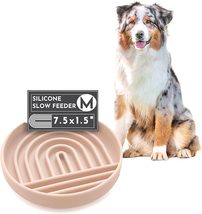 Slow Feeder Dog Bowls - Medium Size Silicone Slow Eating Dog Bowl for Puppies & Dogs with Suction Cup -Dishwasher-Safe, Lick Mat Design, Reduces Gulping,for All Breeds,7.5”x1.5”- Tan