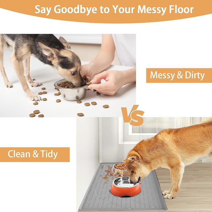 24" x 16" Dog Food Mat, Silicone Pet Mats for Food and Water, Nonslip Pet Feeding Mats for Floors, Dog Cat Bowl Mat with Raised Edges, Light Brown