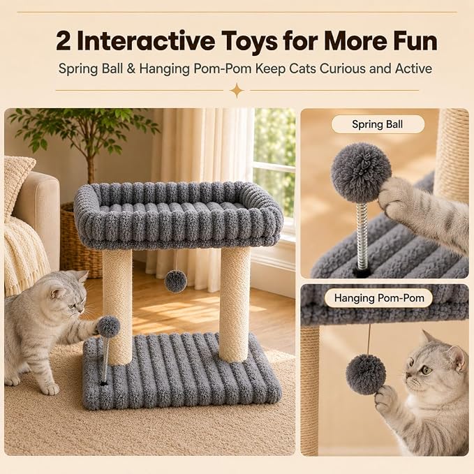 Small Cat Tree with Bed and Scratching Post for Indoor Cats｜Grey | Bedside Kitten Tower｜Space Saving ｜Large Soft Perch｜Sisal Scratcher｜19.7-Inch Tall｜Wide Base｜Replaceable Interactive Toys