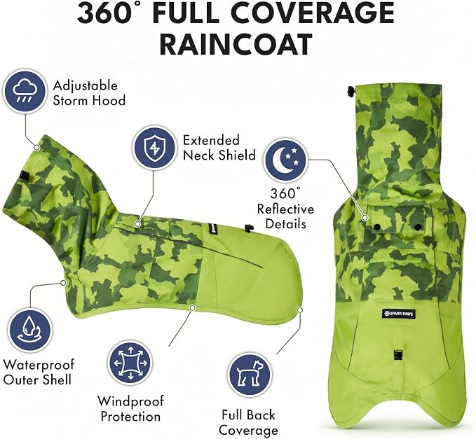 Spark Paws Dog Raincoat, Waterproof Windproof Rain Jacket, for Small Medium Large Extra Large Dogs, Reflective Breathable Full-Body Coverage Dry Suit - Camo Lime - XL