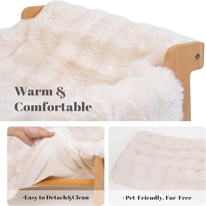 CHEERHOME PETS Elevated Cat Couch Bed for Indoor Cats, Wooden Cat Sofa with Removable Washable Fluffy Cover Raised Kitty Lounge Chair Suitable for Puppy(Cat Sofa Off-White)