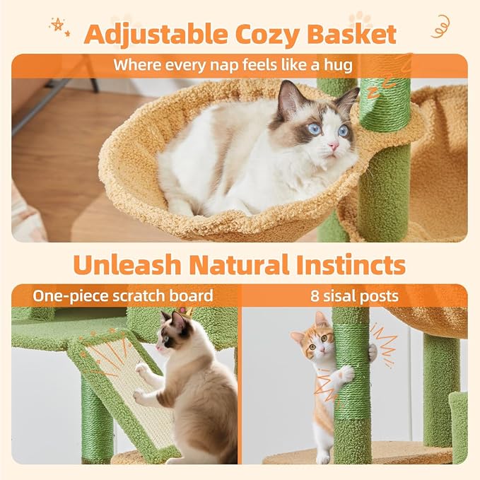 Taoqimiao Cactus Cat Tree, 71 in Extra Large Cat Tower for Inddor Cats | 2 Large Cat Condos, 2 Cute Perches, Metal Frame Cozy Hammock, Durable Scratch Board, 8 Natural Sisal Posts, Basket, MSC026L