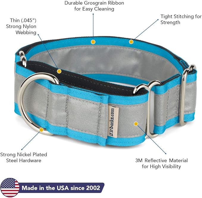 If It Barks - 1.5" Reflective Martingale Collar for Dogs - Adjustable - Made in USA - Strong, Durable, and Comfy - Ideal for Training - Suitable for Most Breeds - Large, Turquoise