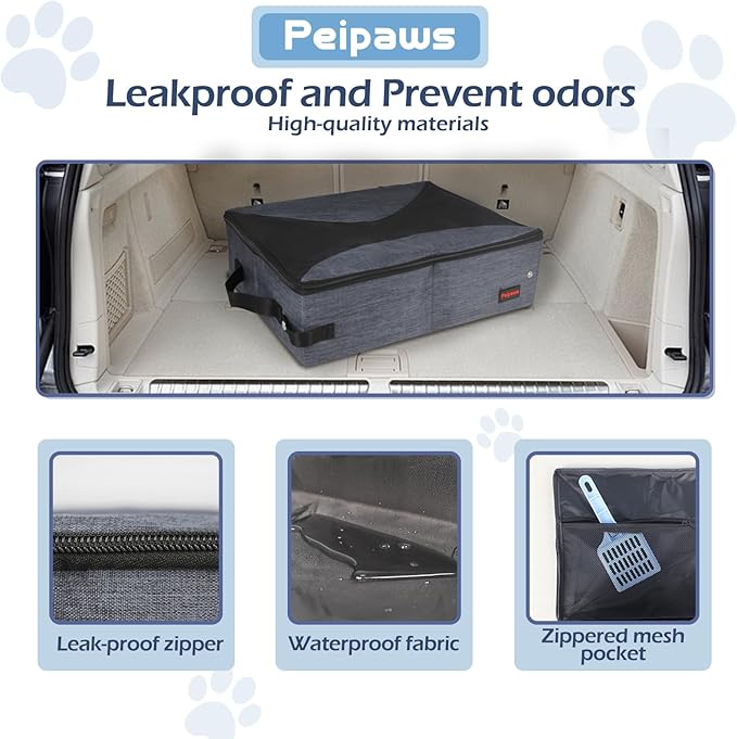 Portable Cat Travel Litter Box. Zipped Lid, Collapsible Litter Box for Cats. No Leakage, No Smell. Easy to Carry. Used for Hotels, Camping, Car (Gray,L)