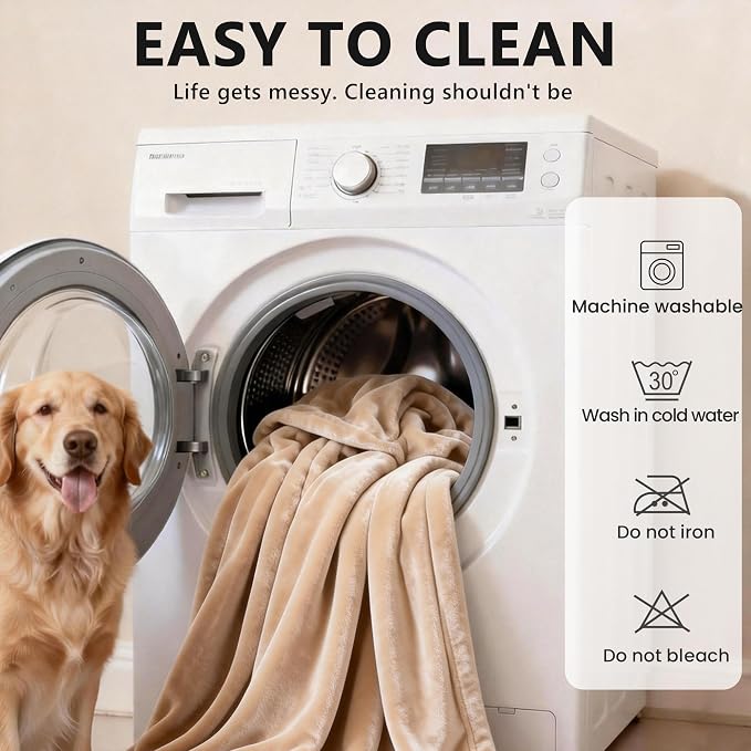 gogobunny Waterproof Flannel Blanket for Bed Couch Sofa, Reversible Double-Sided Throw for Dog Puppy Cat, Stain Resistant Furniture Protector Against Liquid Pee and Fur (90" x 90", Beige/Cream)