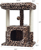 SYANDLVY 27" Cat Tree for Indoor Cats, Activity Tower with Scratching Posts | Modern Kitten Condo with Plush Perch & Hanging Ball for Play, Leopard Print