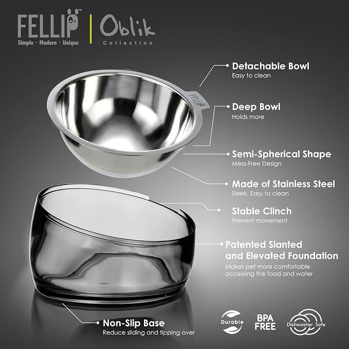 Felli Pet Oblik Acrylic Raised Dog Food Water Bowl Stainless Steel Slanted Oval Dish for Short Leg Puppy & Small Medium Pet, Elevated Tilted Metal Feeder (Smoky, 1.5 Cups Oval Dish)