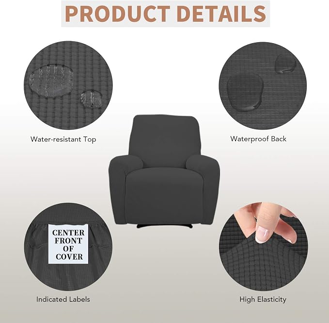 Easy-Going 100% Waterproof Recliner Chair Cover，1-Piece Recliner Slipcover | Dual Waterproof Couch Cover for Recliner，Leakproof Furniture Protector for Kids Pets Dog Cat Daily Stain, Dark Gray