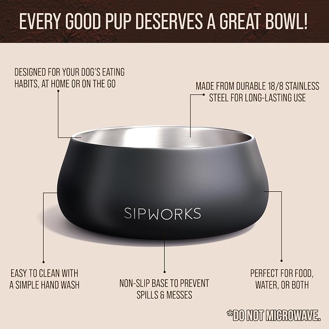 Stainless Steel Dog Bowl – 32oz Weighted Metal Food and Water Bowls for Dogs and Cats with Non-Slip Base - Pet Bowls for All Breeds Sizes for Travel & Outdoor Play - Midnight Black