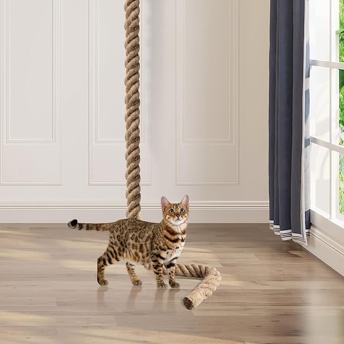 2" x 9.84Ft Cat Climbing Rope with Hook for Ceiling & Wall Mounted | Natural Sisal Rope for Cat Scratcher with Feather Toy for Indoor/Outdoor Cats, Durable Cat Tree Replacement Rope