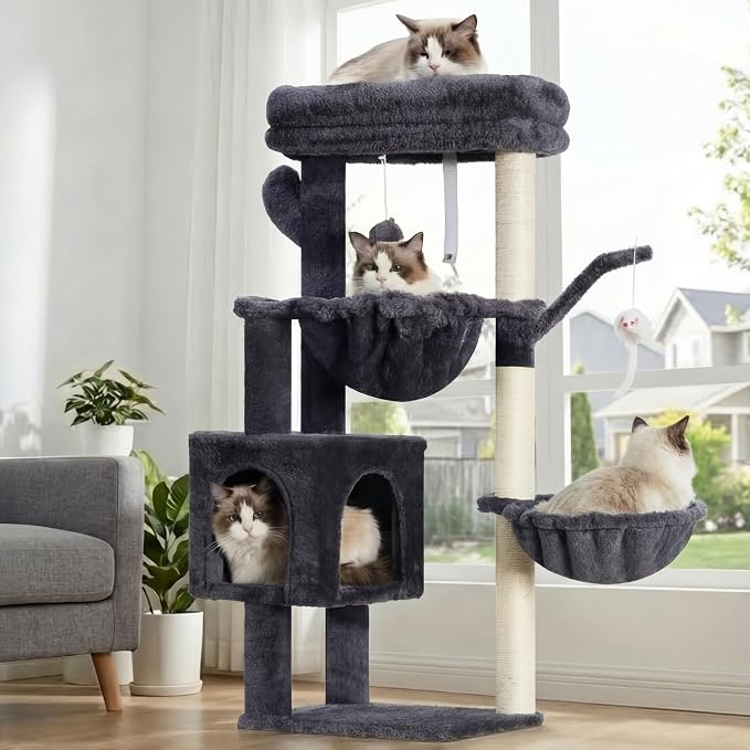 Heybly Cat Tree, 40" Tower with All-Sisal Wrapped Scratching Post HCT006SG | Cat Tower for Indoor Cats, Cat Condo with Soft Platform, 2 Baskets and Dangling Toy, Smoky Gray