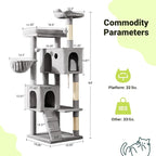 Allewie 64 Inches Multi-Level Cat Tree Tower for Indoor Cats, Grey | Activity Center for Big Felines, 2 Plush Condos, 2 Perches, Cozy Basket, House, Sisal Scratching Posts, Hanging Cat Toys