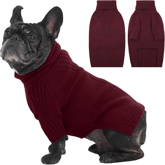 IECOii Dog Sweaters for Medium Dogs Girl Boy,Christmas Knit Doggy Sweatshirt with Sleeve,Turtleneck Thick Warm Dog Sweaters for Winter,Pullover Knitwear for French Bulldog,Boston Terrier (Burgundy,L)