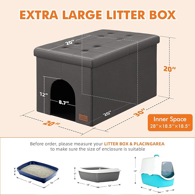 Cat Litter Box Enclosure Furniture for Odor Control,Hidden Cabinet Cat | Litter Box Furniture Ottoman With Flip-Up Lid,Cats Litter Box Bench With Storage Space，Dog Proof (Gray-Faux Leather,X-Large)