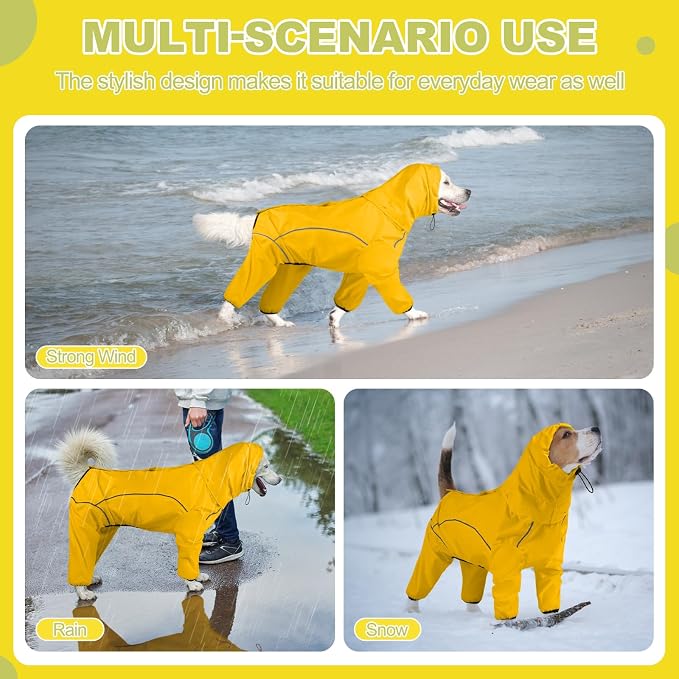 ADINIKIA Dog Raincoat,Waterproof Rain Jacket with Removable Hood,Yellow L | Leash Hole/ Reflective Stripe/Adjustable 4 Legs Rainsuit/Full Coverage/ Snowproof Windproof/ For Small to 3X-Large Dogs