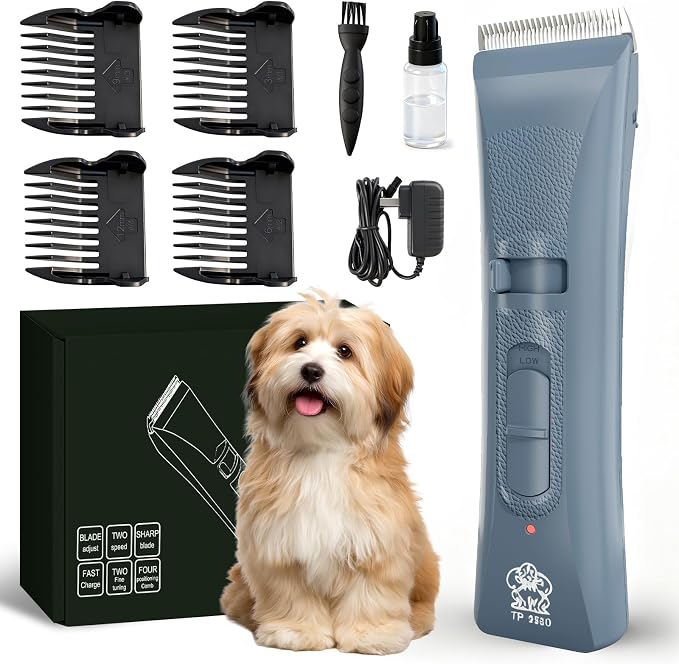 Tife Low Noise Dog Clipper – Cordless Pet Grooming Kit with Rechargeable Battery, Quiet Electric Hair Trimmer for Thick Coats, Adjustable Blade Pet Shaver for Dogs & Cats(Blue)