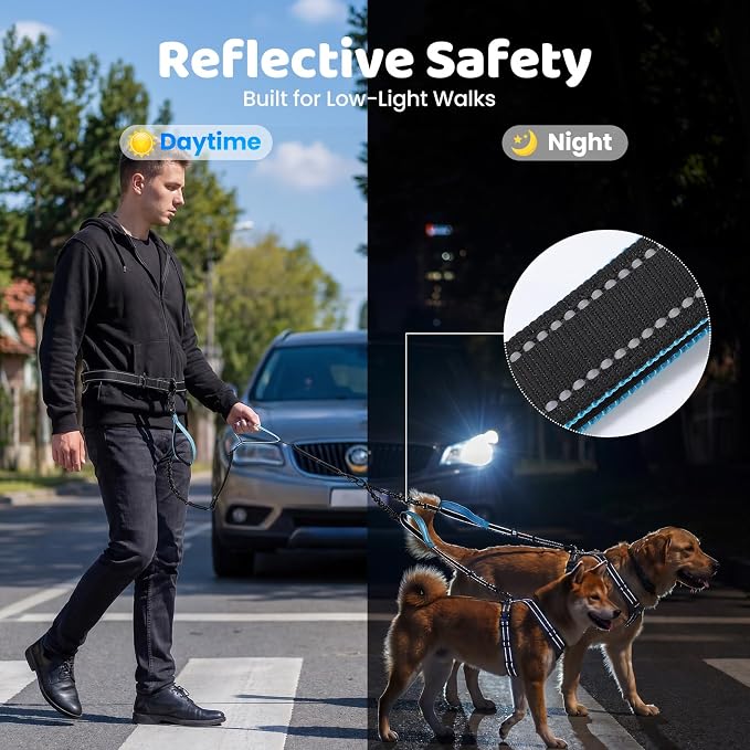 Hands Free Leash for 2 Large Dogs, No Tangle Waist Walking Bungee Leash, 6-8 FT Double Dog Leashes(50-150 lbs)