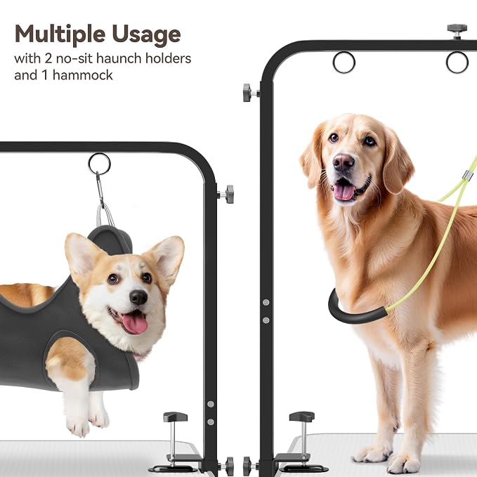 Pet Grooming Arm for Table, 42" H, 27-39" W with Hammock & 2 No-Sit Nooses | Adujustable, Heavy-Duty Dog Grooming Station with clamp for Home Use, Nail Trimming & Drying