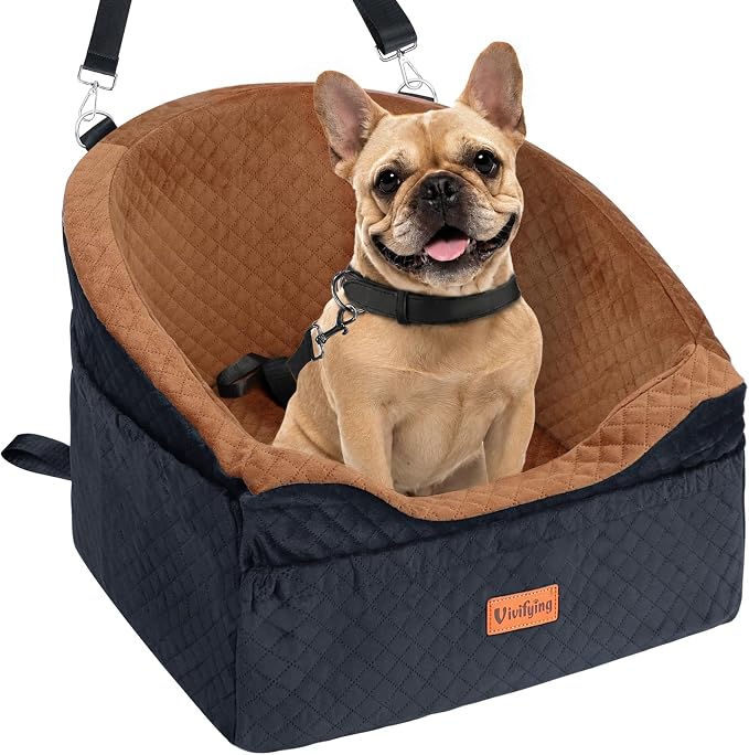 Vivifying Dog Car Seat for Small & Medium Dogs, Detachable & Washable Booster Seat for Pets Up to 25lbs, Travel Bed with Storage Pockets and Safety Belt – Brown&Black