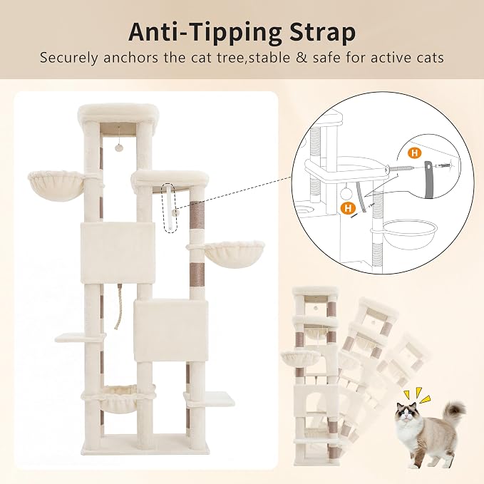 Heybly Cat Tree, 74.8'' Spacious & Tall Cat Tower for Large Cats HCT062MJ-1 | Cat Furniture with Large Top Perch, Solid Base, 2 Cat Condos, Hanging Hammock, Durable Sisal Scratching Posts, Beige