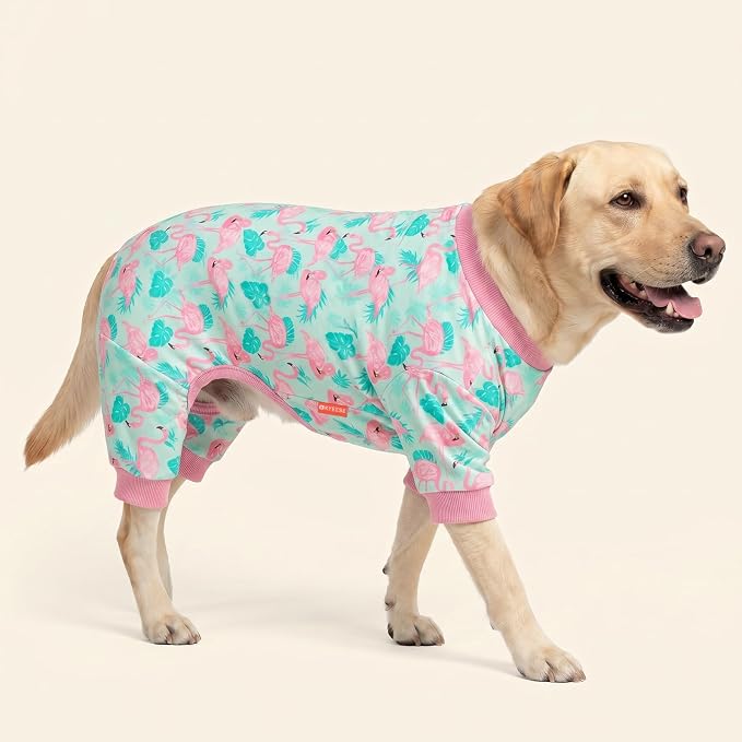 KYEESE Velvet Dog Pajamas Soft Onesie Shirt for Daily Wear, Flamingo | 4-Way Stretch, Lightweight & Breathable, Reduces Shedding, Gentle on Sensitive Skin, Recovery Support, Easy Potty Breaks