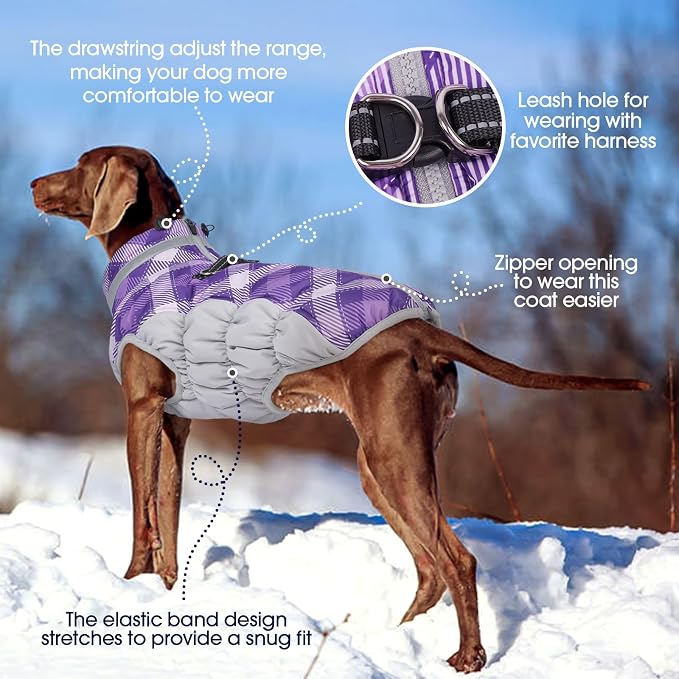 FUAMEY Dog Cold Weather Coats Reflective Dog Warm Jacket with Harness | Fleece Winter Coat for Large Dogs Snow Puffer Vests with Zipper Reflective Turtleneck Jackets for Winter Purple Plaid L