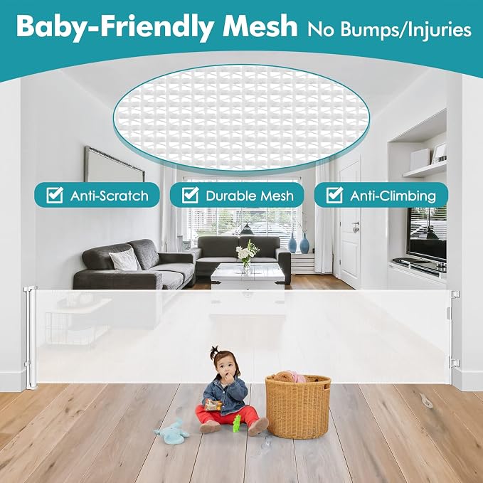 140" Extra Wide Baby Gates for Dogs Indoor Outdoor Retractable Gate, White | Indoor/Outdoor Retractable Pet Gate Extra Long Baby Gate, Space-Saving, Easy to Use, Safety Lock, Durable Mesh, Easy Install