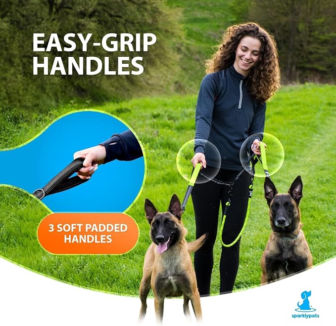 SparklyPets - Double Dog Bungee Rope Leash - Dual Dog Lead for Medium and Large Breeds - Padded Handles, No Tangle - Flow Leash, 2 Dogs Walking Accessory