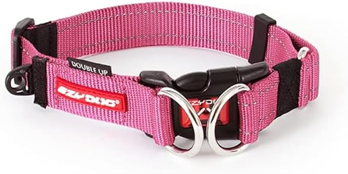 EzyDog Double Up Dog Collar, Strong Double D-Rings - Medium, Pink | Dual D-Rings for Superior Strength, Safety, and Comfort, Soft Touch Nylon Webbing, Reflective Stitching, Id Attachement Point
