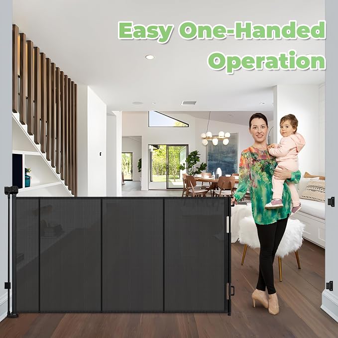 Reinforced 155" Extra Wide Baby Gate Retractable Dog Gate, Indoor/Outdoor | Retractable Fence for Large Openings, Space-Saving, Easy to Use, Scratch-Resistant Mesh, Safety Lock, Easy Install, Black