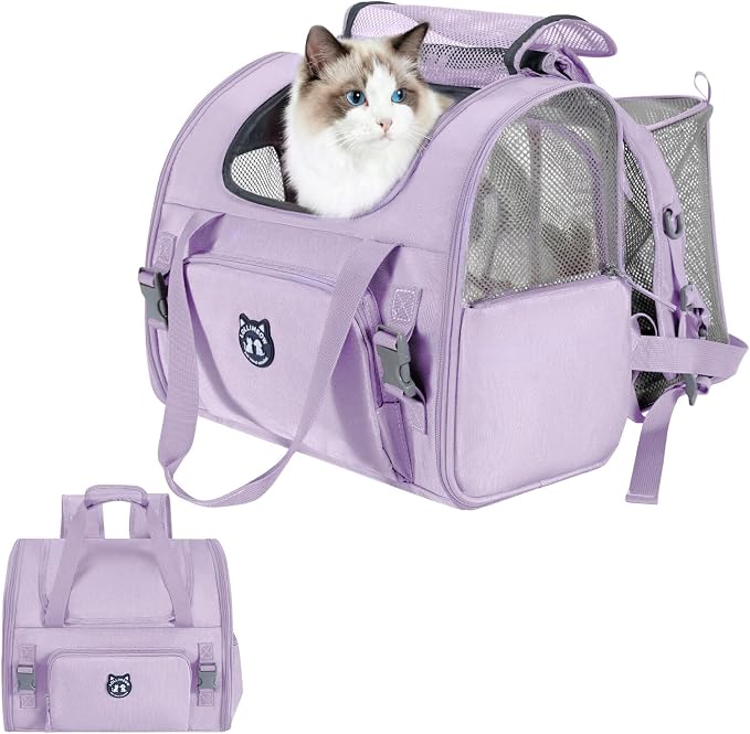 Lollimeow Expandable Cat Carrier Backpack for Large Cats - Airline Approved Pet Carrier Backpack for Small Dogs, Hiking & Travel, Waterproof with Breathable Mesh, 14lbs Capacity (Lavender, Standard)