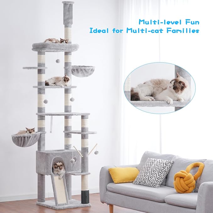 Hey-brother Cat Tree Tower, Adjustable Height, Floor to Ceiling, MPJ091W | 94.5-106.3 Inches Multi-Level Cat House, Scratching Posts, Plush Condo, Platform, Toy Ball for Indoor Big Cats, Light Gray