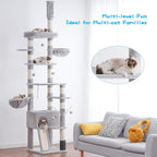 Hey-brother Cat Tree Tower, Adjustable Height, Floor to Ceiling, MPJ091W | 94.5-106.3 Inches Multi-Level Cat House, Scratching Posts, Plush Condo, Platform, Toy Ball for Indoor Big Cats, Light Gray